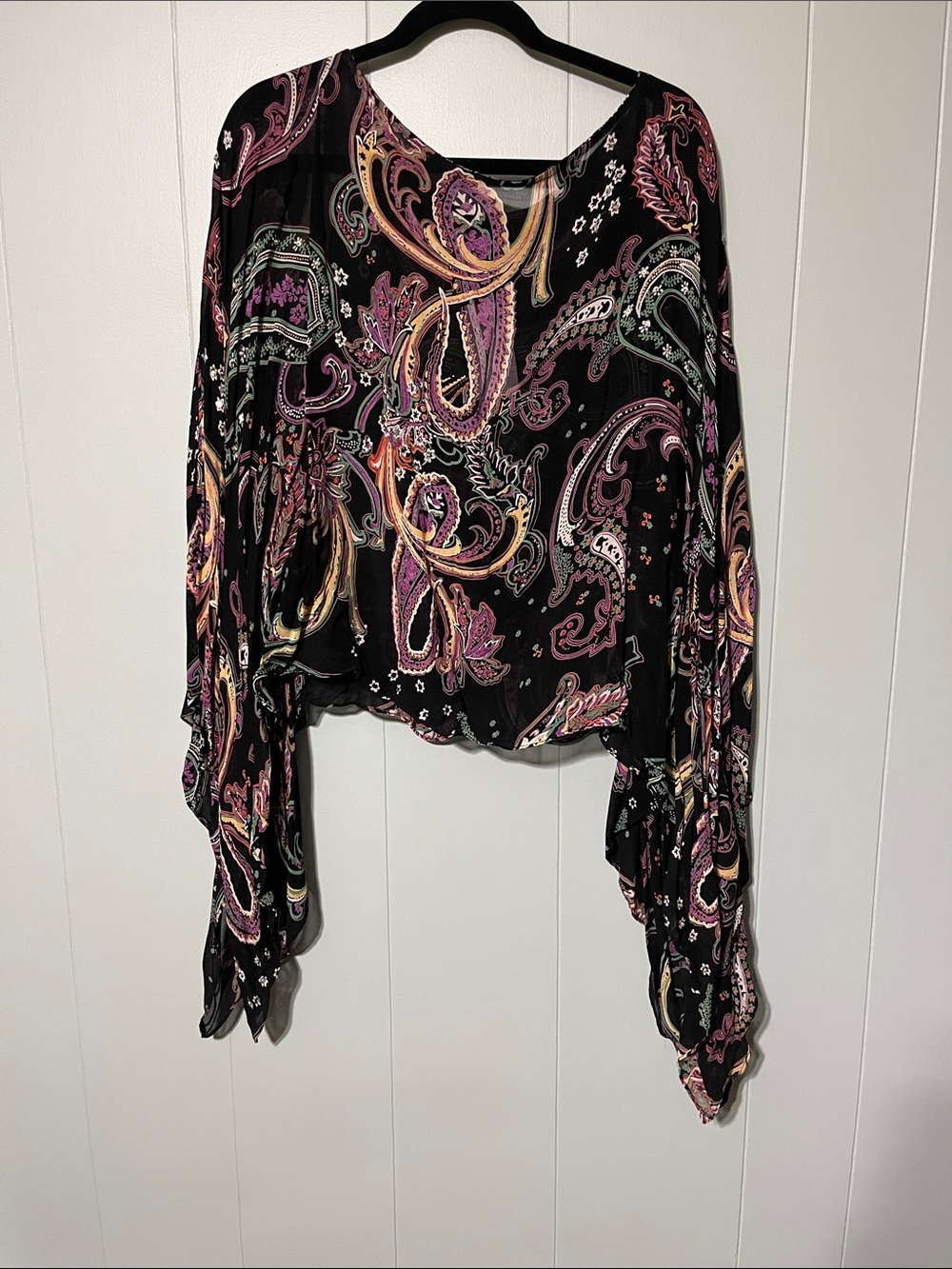 Maggie Barnes Black Paisley shawl top with paisley Pink & Green Details
